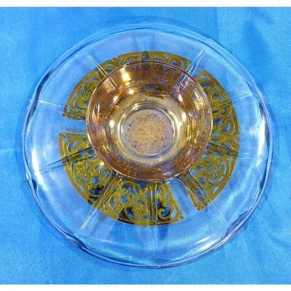 Georges Briard Signed Gold Scroll Encrusted Glass Pedestal Cake Plate Stand - Picture 7 of 7